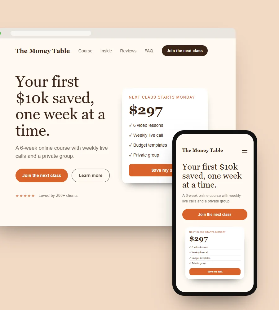 The Money Table course sales page on laptop and phone